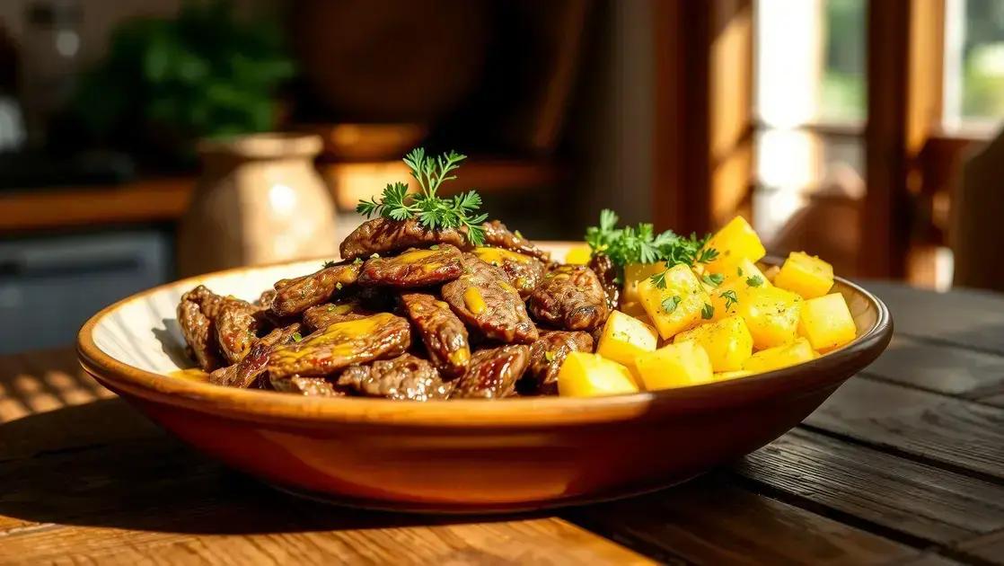 Carne com mandioca na manteiga de alho