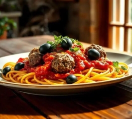 Macarronada com Almôndegas e Azeitonas: Jantar Completo de Sabor Mediterrâneo