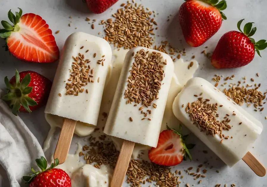 Picolé funcional de iogurte grego com morango e linhaça dourada