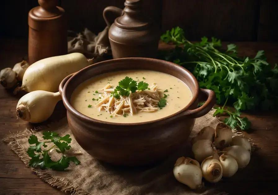 caldinho de mandioquinha com frango cremoso