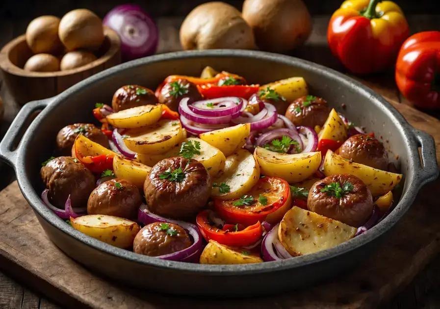 Linguiça com batatas assadas e queijo