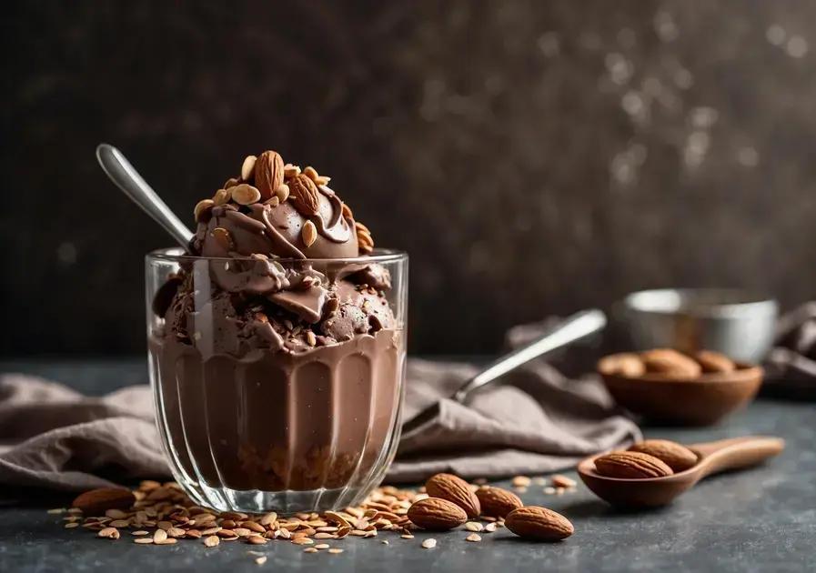 Sundae de gelado de chocolate e amêndoa